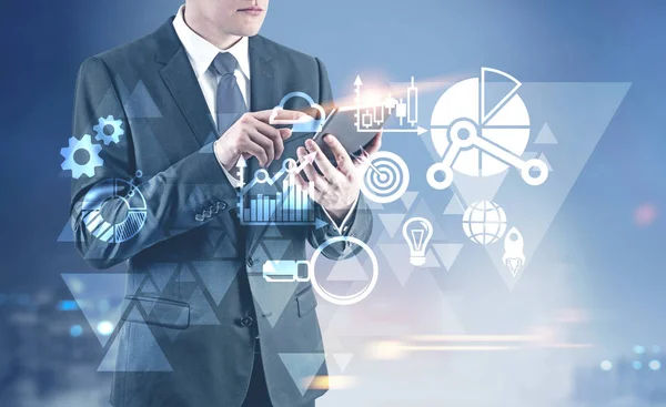Businessman with a digital tablet, infographics — Stock Photo, Image