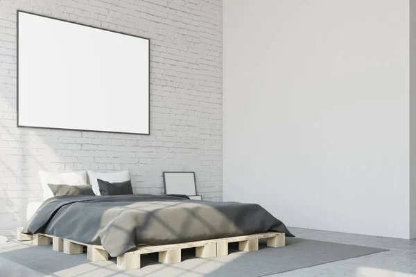Biała sypialnia rogu, strony poziome plakat — Zdjęcie stockowe