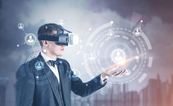 Businessman in VR glasses, network HUD