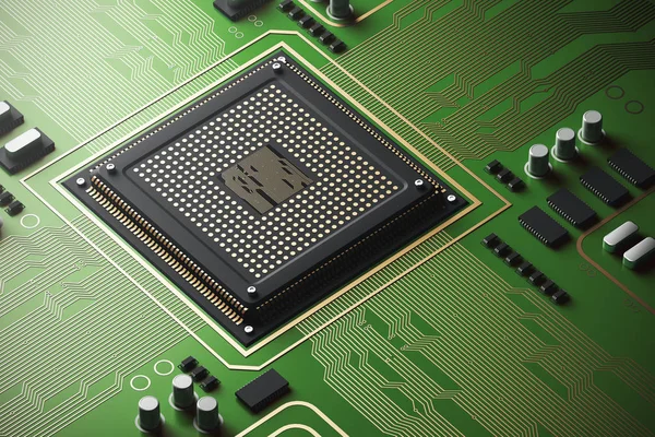 Green circuit board with a processor — Stock Photo, Image