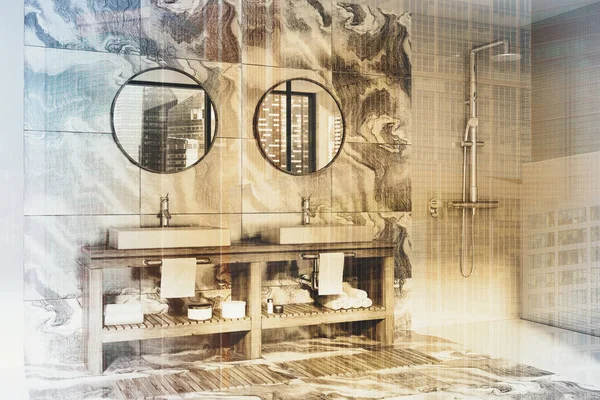 Wit en marmeren muur badkamer, dubbele wastafel toned — Stockfoto