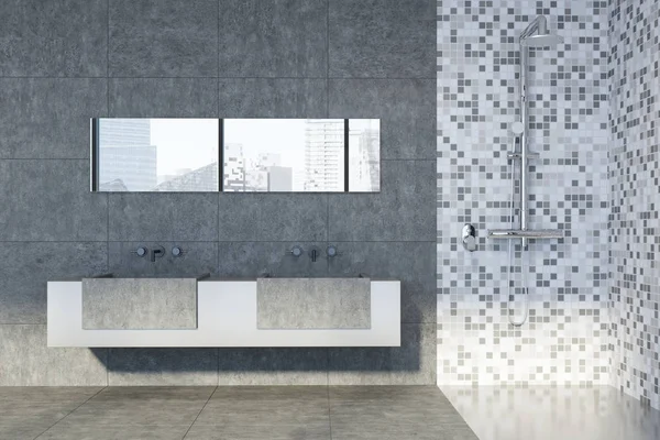 Betonu i wyłożoną kafelkami łazienkę, podwójną umywalkę z bliska — Zdjęcie stockowe
