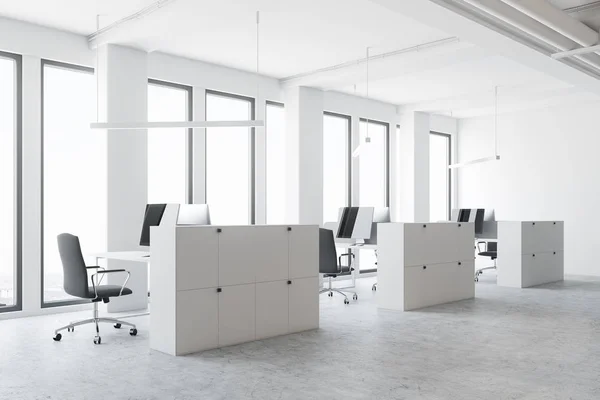 Rincón de oficina de espacio abierto blanco, cubículos blancos — Foto de Stock
