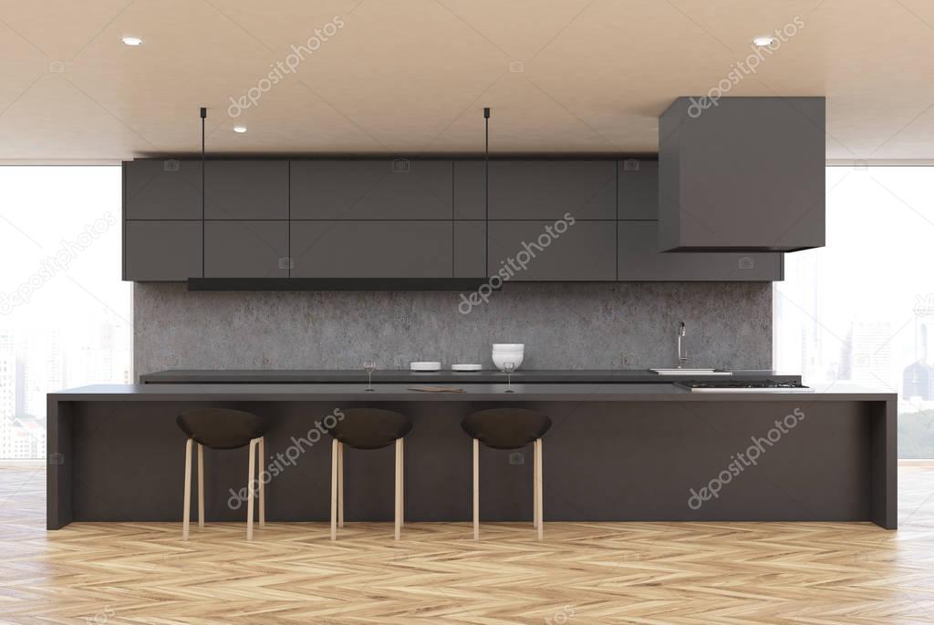 Wooden floor kitchen, gray table, front