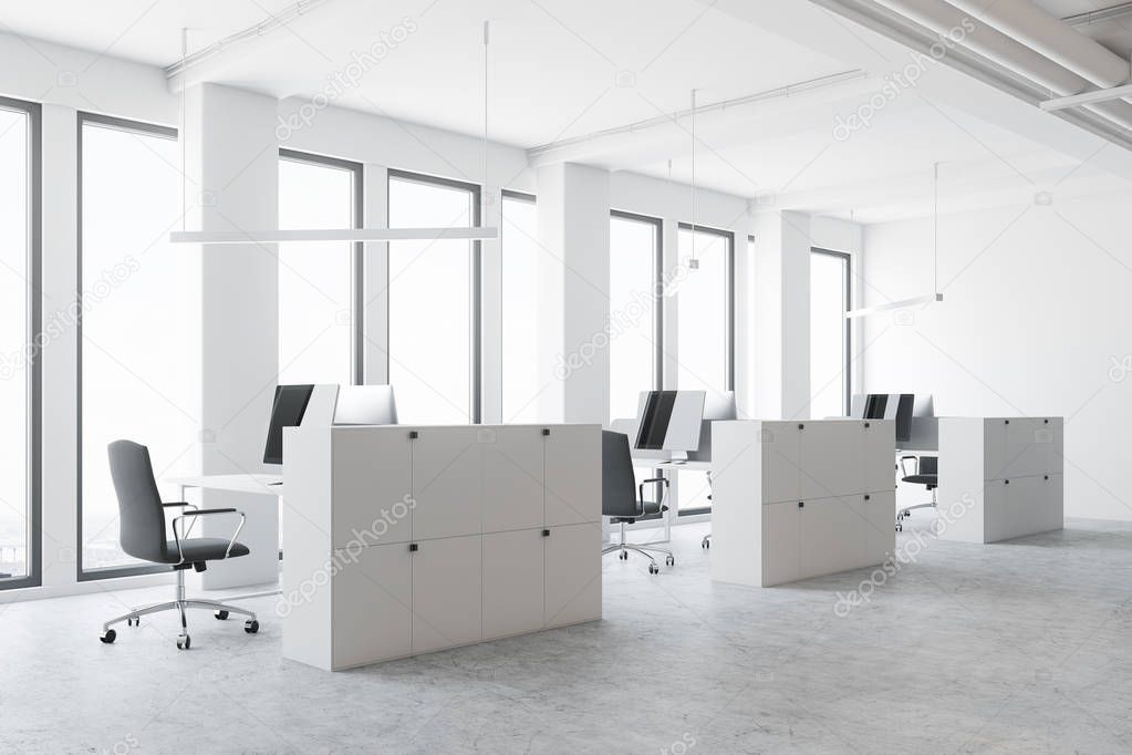 White open space office corner, white cubicles