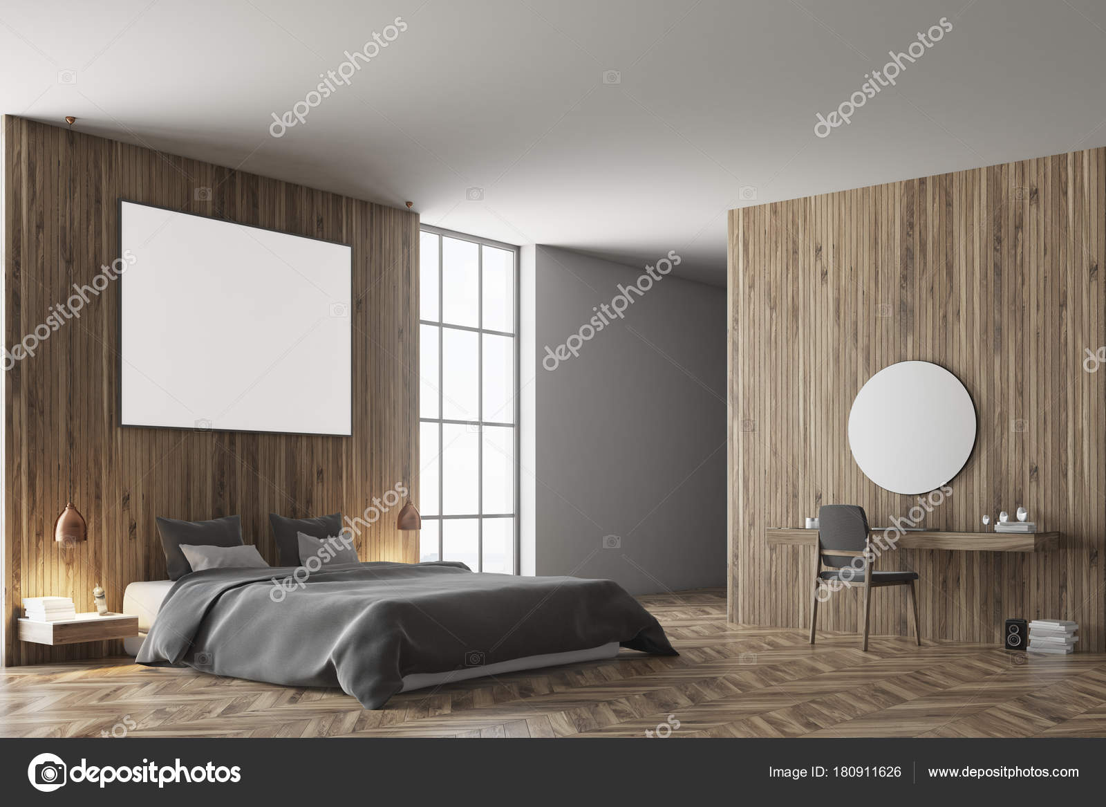 Hölzerne Schlafzimmer Ecke, graue Bett dunkel — Stockfoto ... Hölzerne Schlafzimmer Ecke, graue Bett dunkel — Stockfoto ...