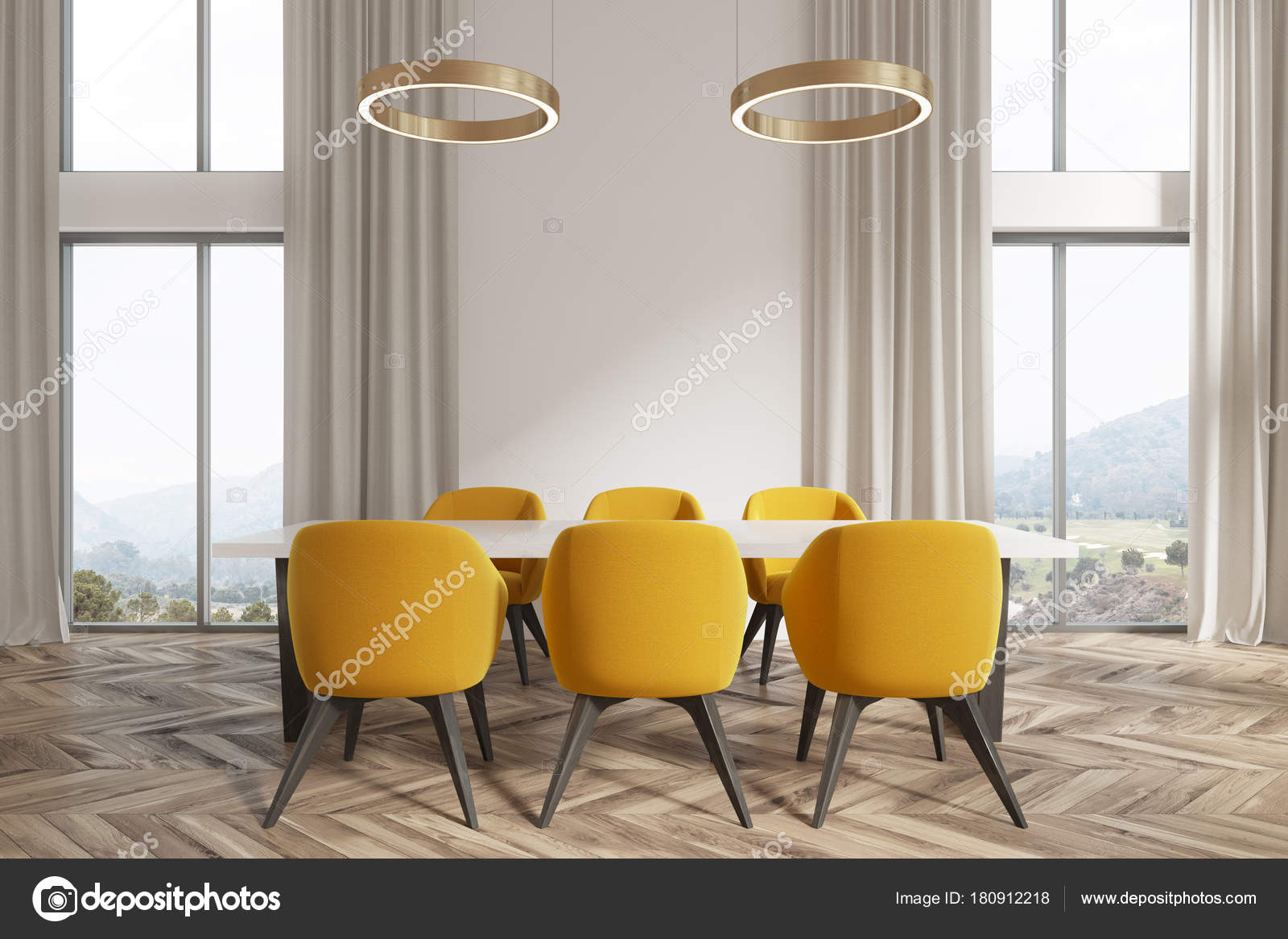 White Dining Room Corner Yellow Chairs Stock Photo