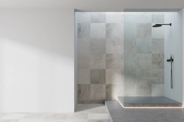 Beyaz ve döşeli banyo iç, duş