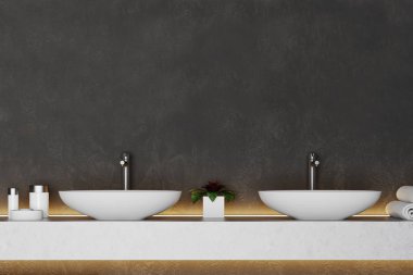 Siyah banyo, beyaz çift lavabo