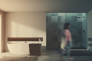 Beyaz ve döşeli banyo iç, kadın, bulanıklık