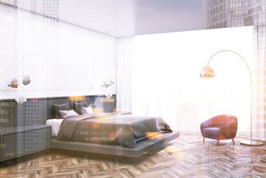 Beyaz yatak odası köşe, gri yatak tonda