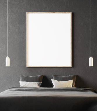 Gri yatak yatak ve poster yakın çekim