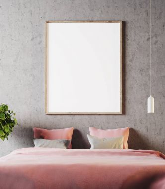 Gri yatak odası pembe yatak ve poster ile yakın çekim