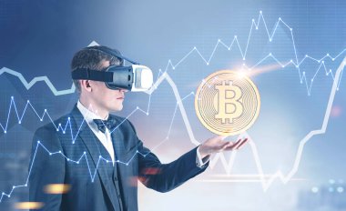 Bir bitcoin gösterilen Vr bardaklarda işadamı
