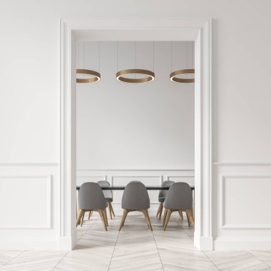 Beyaz yemek odası, gri sandalye