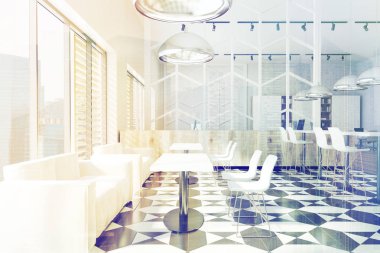 Beyaz ve ahşap kafe iç tonda