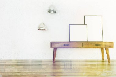 Beyaz oturma odası, masa ve poster