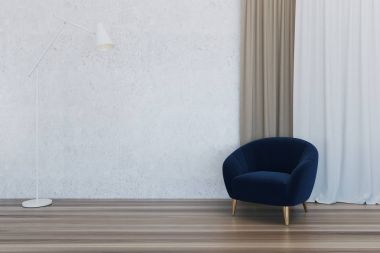 Boş oda iç, koyu mavi koltuk