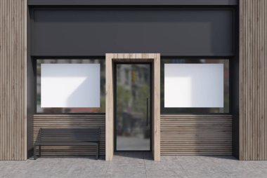 Koyu gri ve beyaz kafe cephe, posterler, tezgah