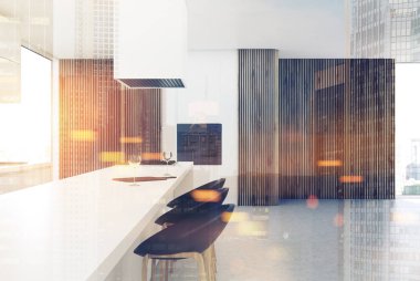 Tonda beton zemin mutfak, beyaz masa