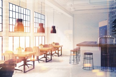 Beyaz ve tuğla kafe iç yan tonda