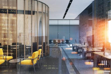 Gri loft ofis ve bekleme odası sarı koltuk
