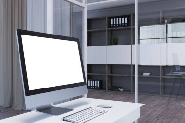 Beyaz bilgisayar ekranında bir ofis masaları