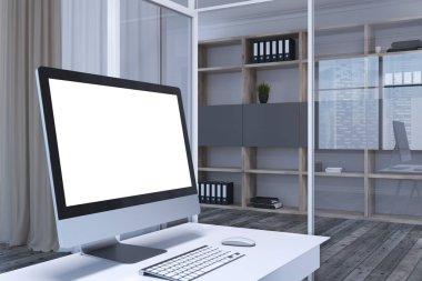 Beyaz masaüstü bilgisayar ekranında bir ofis masaları