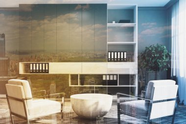 Tonda gri oturma odası, beyaz koltuklar