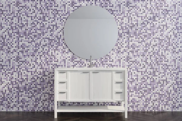 Purple tile living room, white dresser close up