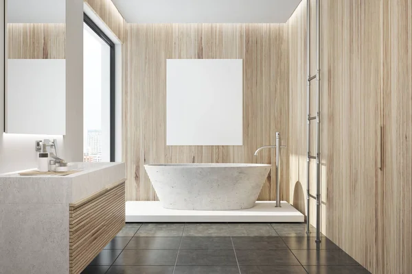 Wooden bathroom interior, tub, poster — Stock Photo, Image