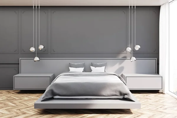 Dormitorio gris, cama gris — Foto de Stock