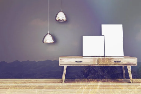 Black living room, table and poster — Stock Photo, Image