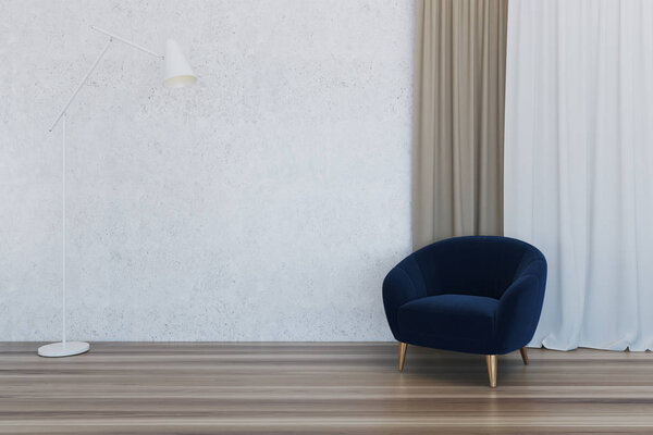 Empty room interior, dark blue armchair