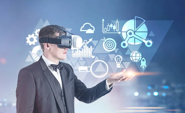 Businessman in VR glasses, start up icons — Stock Photo, Image