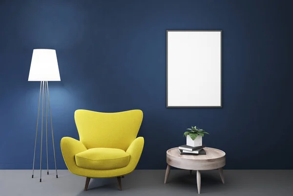 Habitación azul vacía, sillón amarillo, mesa, póster — Foto de Stock