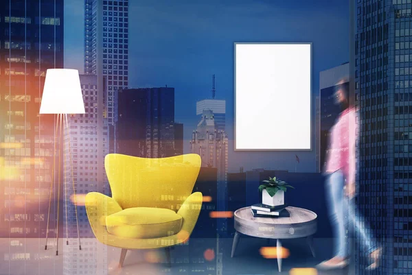 Blauwe, gele fauteuil, tafel, poster toned — Stockfoto