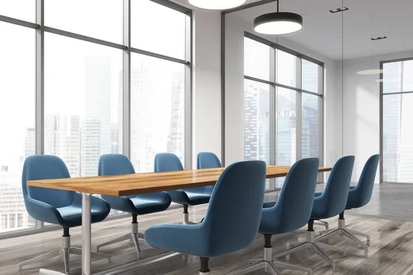 Meeting room corner, blue chairs — Stock Photo, Image