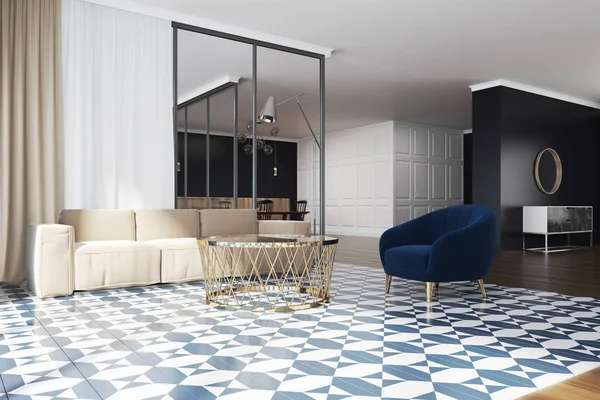 White and wooden living room checkered floor