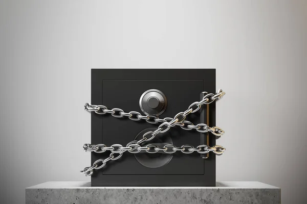 Closed safe box, chain, white wall — Stock Photo, Image