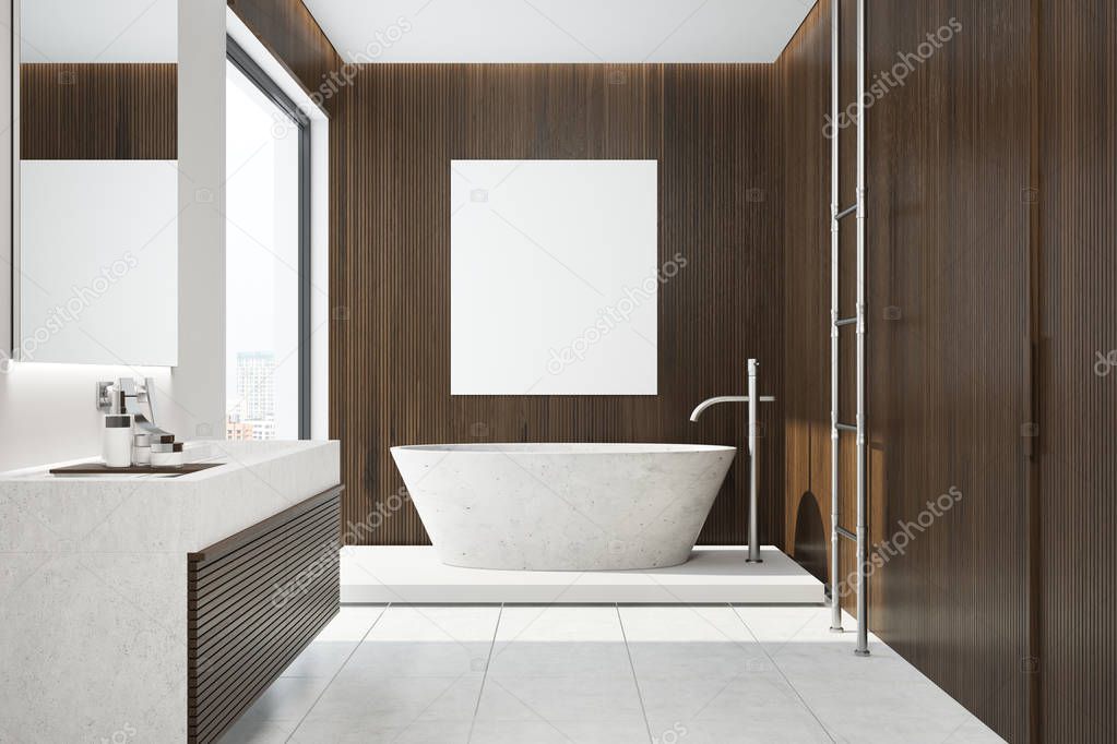 Dark wooden bathroom interior, tub, poster