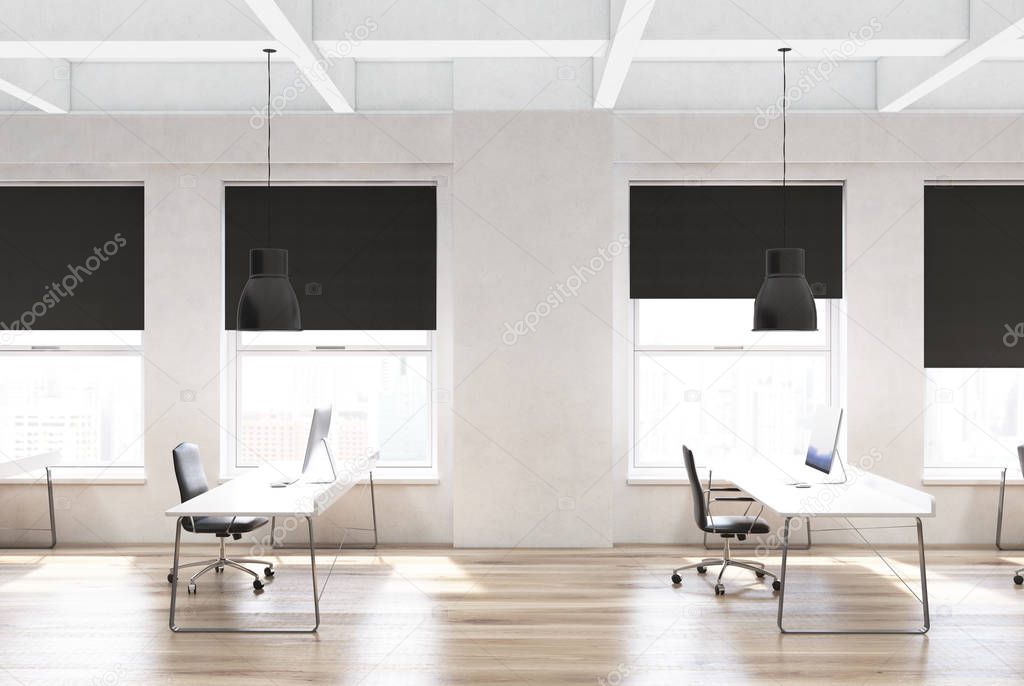 Wooden floor open space office, rows of desks