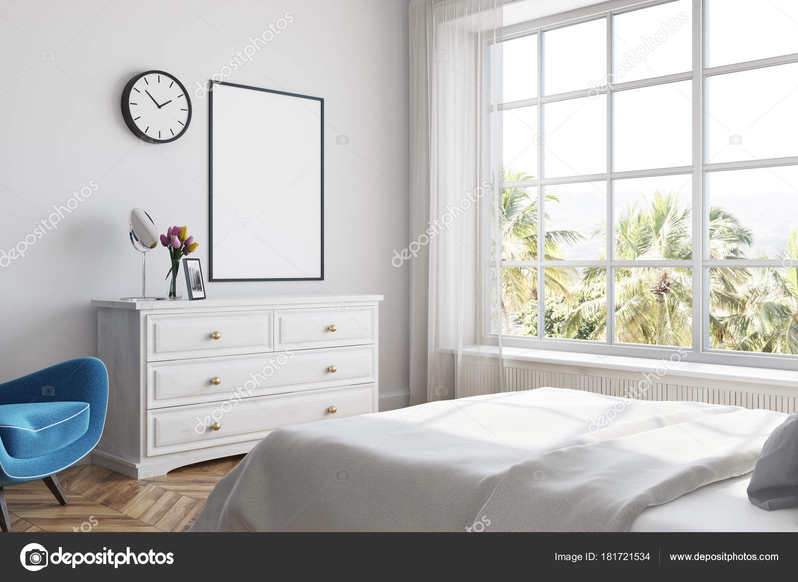 White Bedroom Corner Poster Dresser Stock Photo