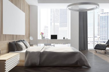 Posteri ile panoramik ahşap yatak odası