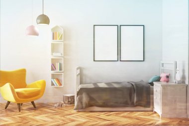 Çocuk odası iç, koltuk ve tonda posterler