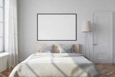 Beyaz yatak odası iç, çerçeveli poster