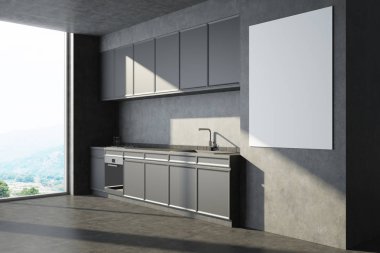 Gri mutfak tezgahı ve poster yan