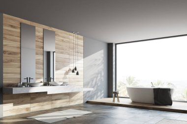Panoramik gri ve ahşap banyo köşesi