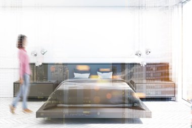 Beyaz yatak odası, gri tonda yatak