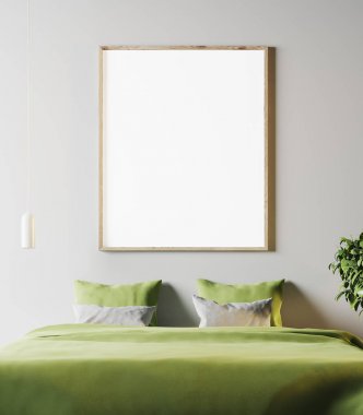 Yeşil yatak ve poster beyaz yatak odası yakın çekim
